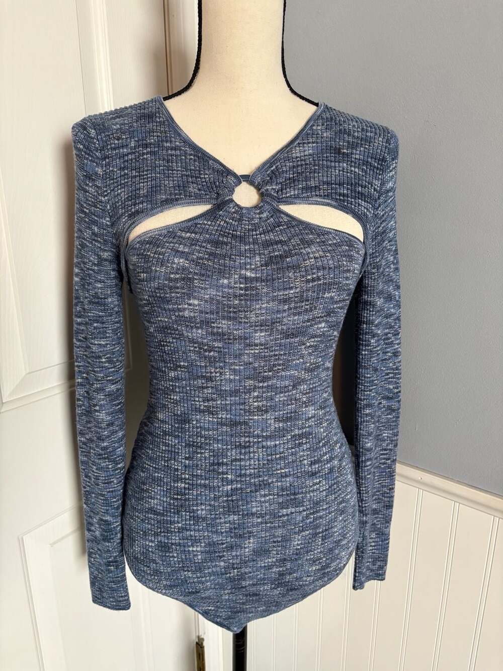 Abercrombie & Fitch Blue Space Dye Ribbed Cutout O-Ring Bodysuit